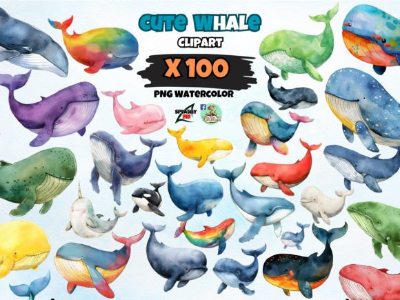Download Watercolor Cute Whale Clipart PNG Bundle - Cute whale Collection